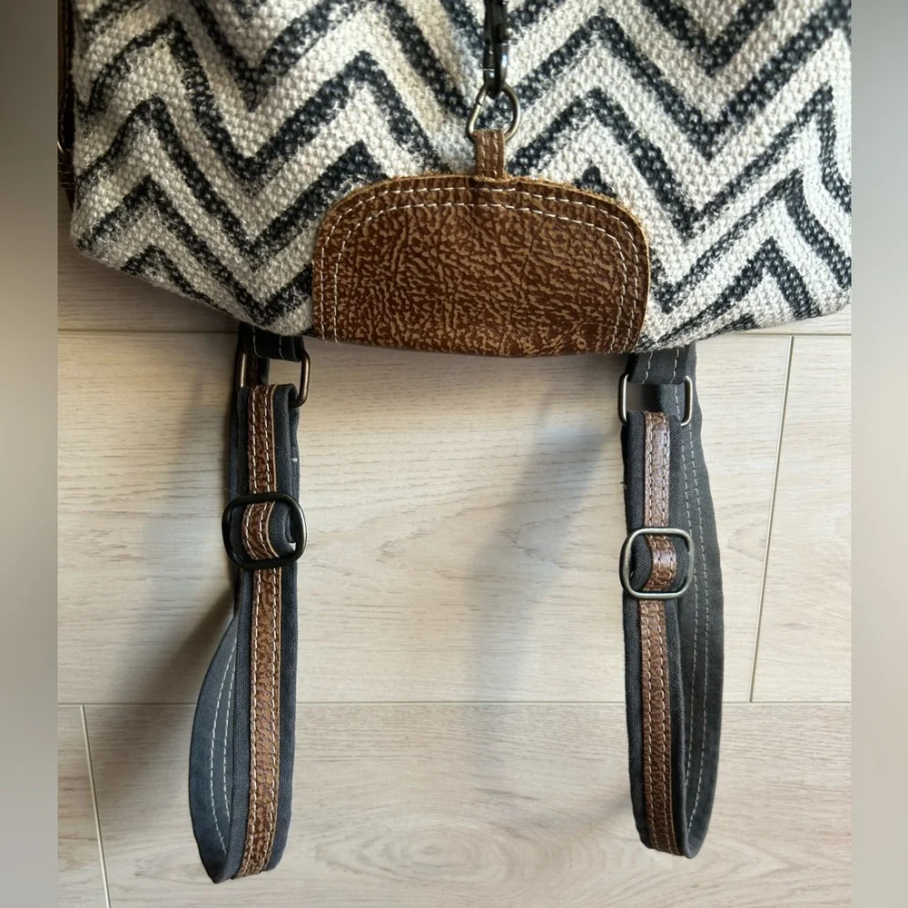Myra Chevron Brown and White Patterned Backpack with Cowhide Flap.